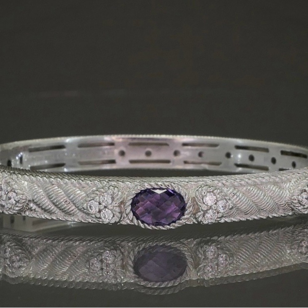 Sterling Silver Bangle Bracelet with natural Amethyst Stones and cz accents